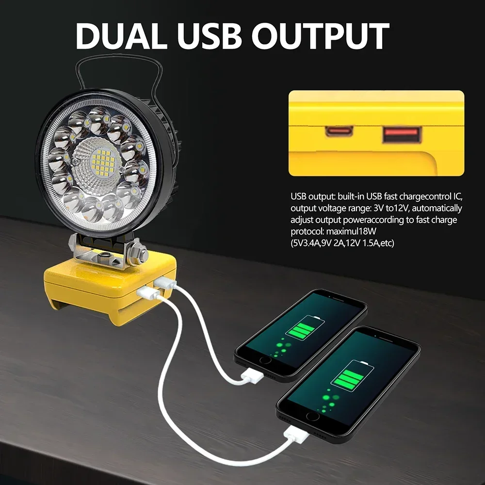 33 LED Working Lights Flashlight Torch Spotlights Type C USB Power Bank For DeWalt 18V 20V Lithium Battery High Low Beam Control