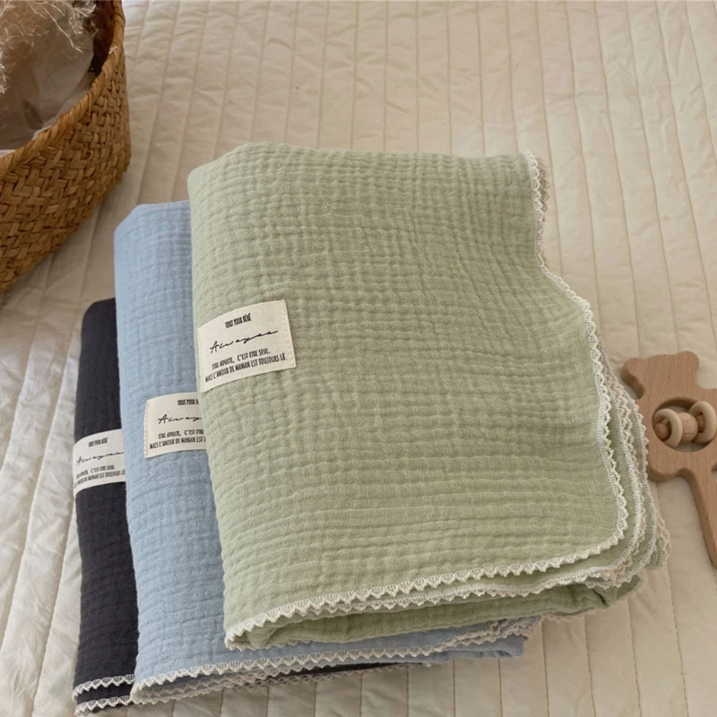 Pure Cotton Muslin Baby Blanket Solid Color Lace Edge Newborn Swaddle Wrap Infant Receiving Blanket Double Layers Kid Bath Towel