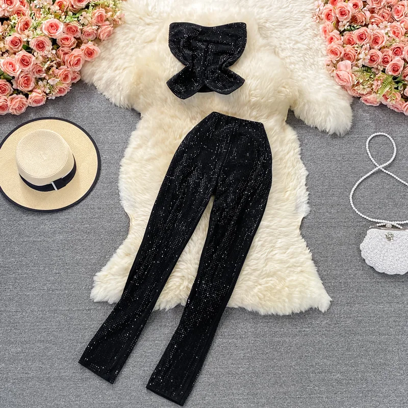 Sexy Women Black/White Diamonds Two Piece Set Party Slash Neck Off Shoulder Camis Tops + High Waist Pants Female Suit Autumn New