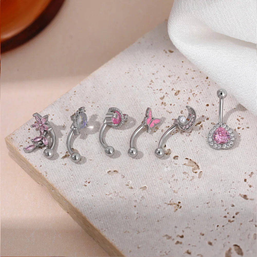 Gothic Personality Zircon Navel Piercing for Women Men Heart Moon Flower Geometry Tongue Puncture Unisex Stainless Steel Jewelry