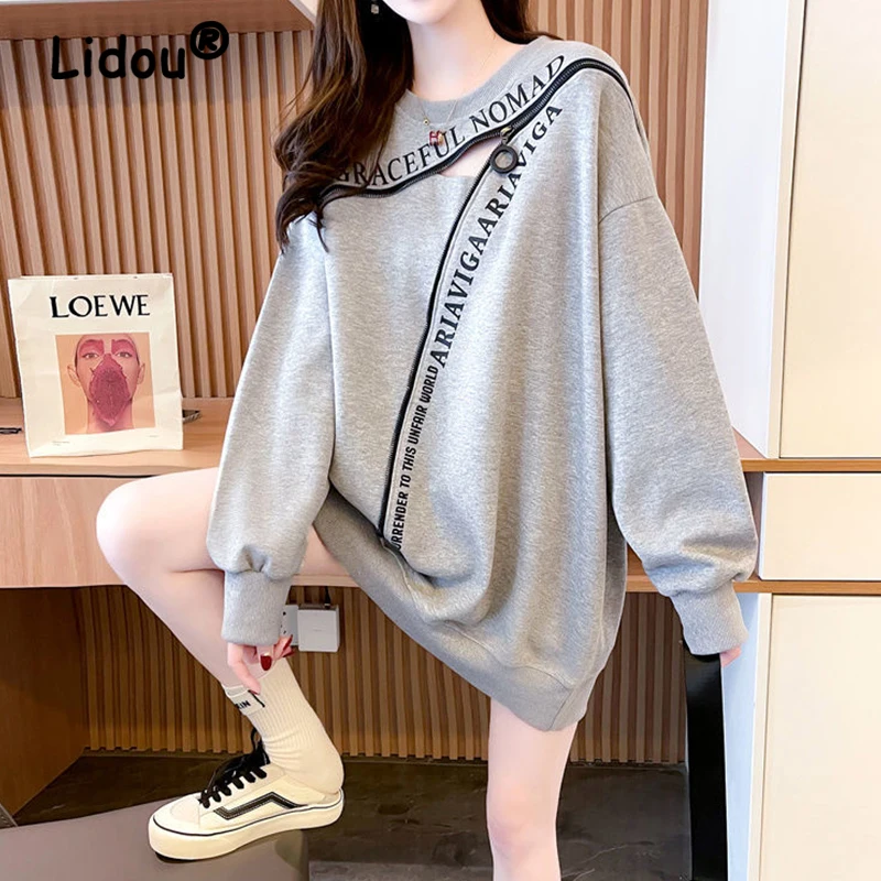 Letter Zipper Sexy Hollow Streetwear Harajuku Oversize Female Sweatshirt Autumn Fashion Casual Pullover Long Sleeve Top Clothing cakucool women shiny jacket silver sequins loose bomber jacket hooded zipper coat casual fashion sexy club jackets oversize