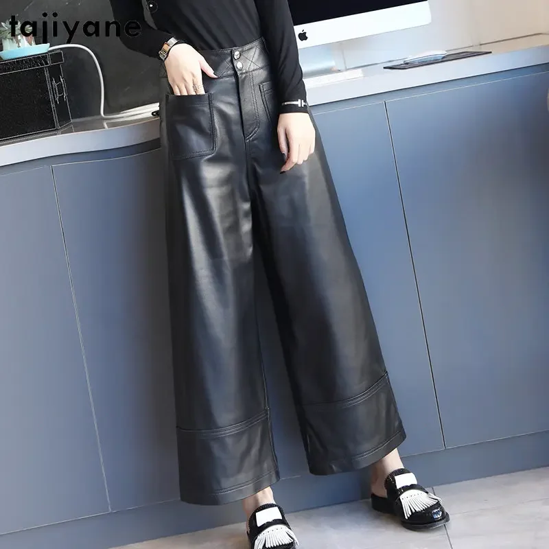 

Tajiyane Real Sheepskin Leather Pants Women Korean Fashion Wide Leg Pants Loose Straight Trousers High Waist Pants Pantalons SGG