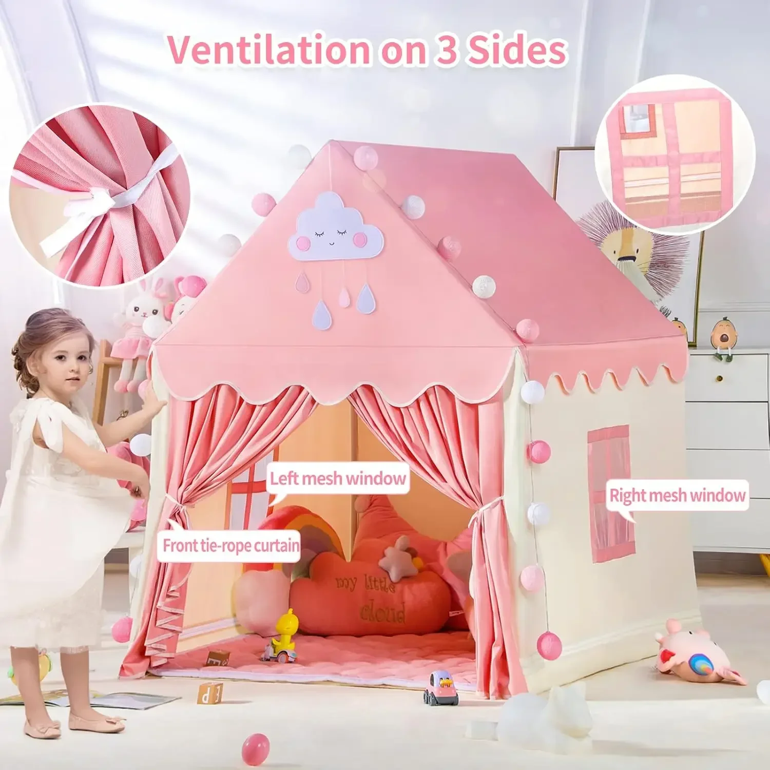 Kids Tent Girl Baby Little Princess Children Toy Tent 1.35M Wigwam Folding Castle Children's Room Decor Birthday Christmas Gifts