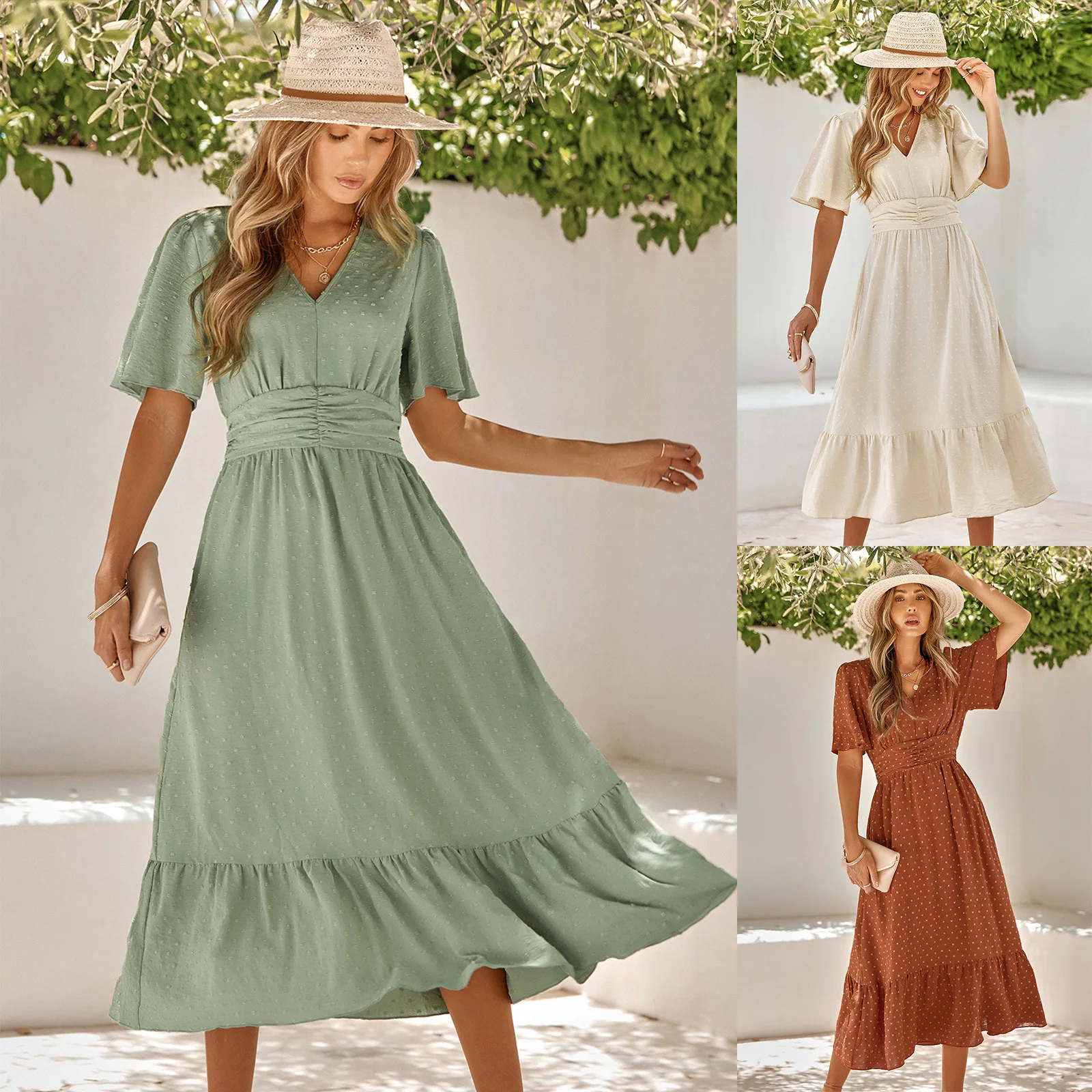 

2023 Women Summer Casual Long Dress Solid Color Swiss Dot V-Neck Ruffles Short Sleeve Sweet Dress Fashion Temperament Dress