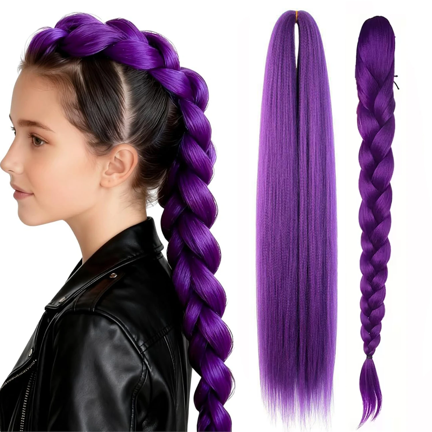 Synthetic Purple  Braid Clip in Ponytail Hair Extension Long Ponytail Hairpieces Cosplay for Kids Girl Halloween