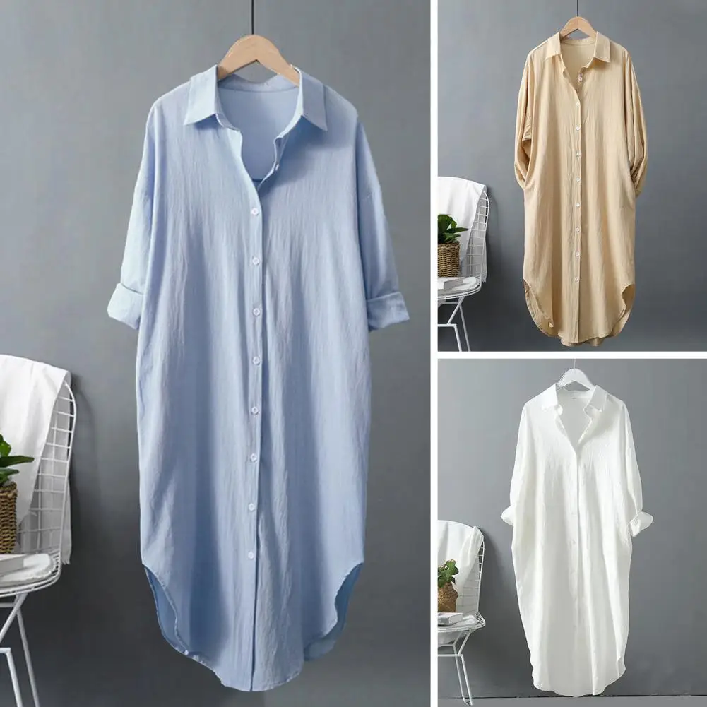 

Mid-length Shirt Soft Loose Lady Blouse Mid Length Irregular Hem Single-breasted Solid Color Shirt for Fall Spring Soft Shirt