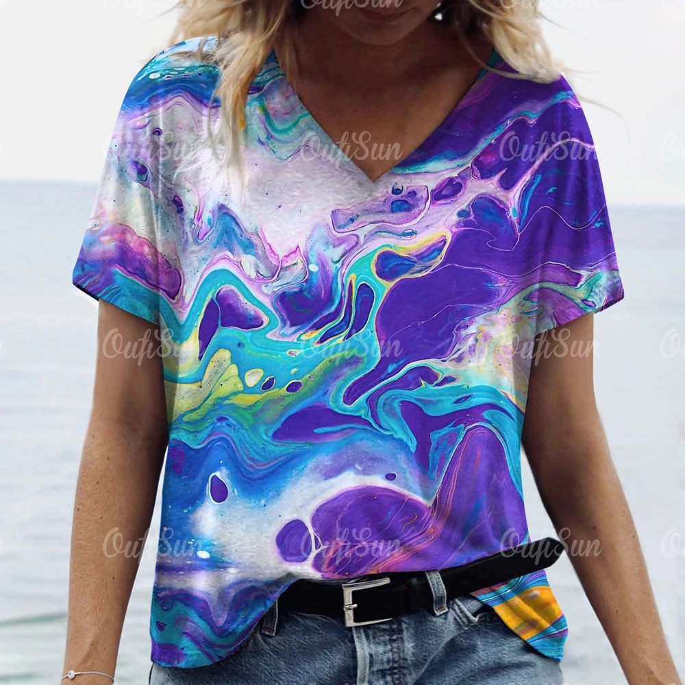 

Colorful Gradient Print Women Short Sleeves V-Neck T-Shirts Casual Pullover Sleeves Oversized Tee Shirt Female Fashion Clothing