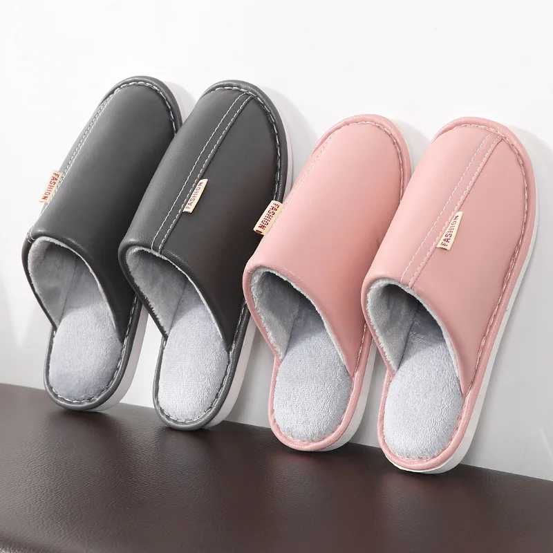 

Pu Leather Slippers Autumn And Winter Slippers Women Neutral Round Head Simple Home Slippers Shoes