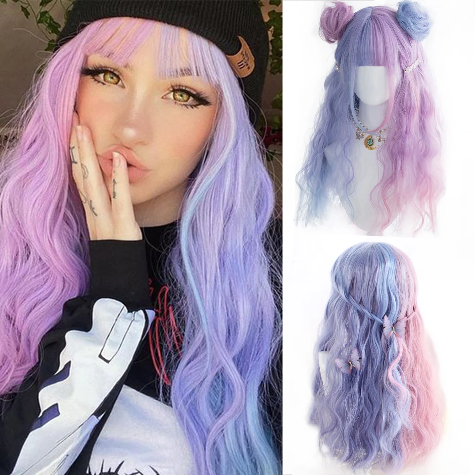 

HOUYAN Long wavy volume silver purple synthetic wig cosplay headband party Lolita heat-resistant synthetic ladies wig silver blu