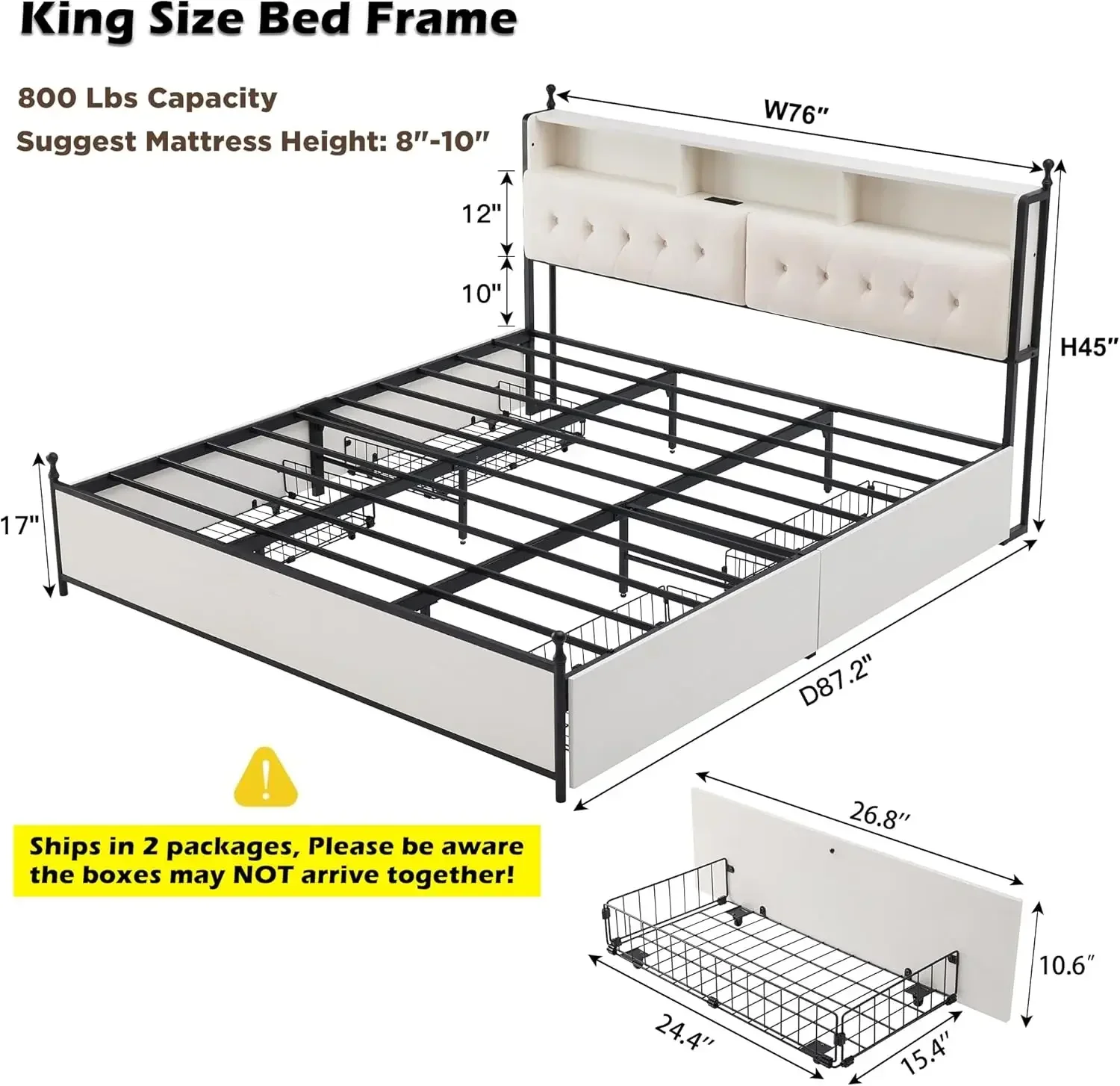 King Size Bed Frame with Upholstered Headboard, Modern Farmhouse Wood Metal Platform Bed with Storage Drawers,Antique White 2