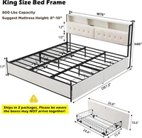 King Size Bed Frame with Upholstered Headboard, Modern Farmhouse Wood Metal Platform Bed with Storage Drawers,Antique White 2
