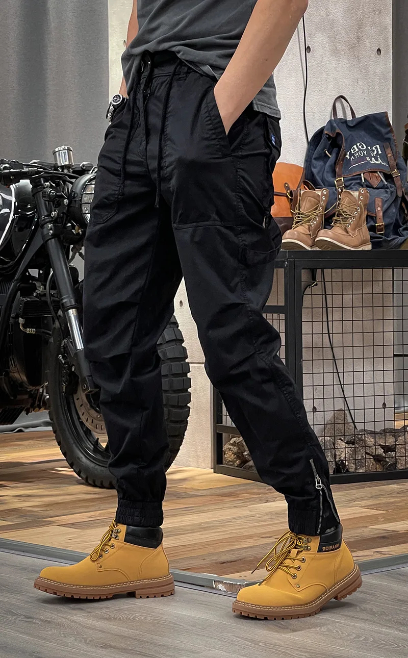 Spring new American vintage overalls men's elastic waist multi-pocket loose casual leggings large pant