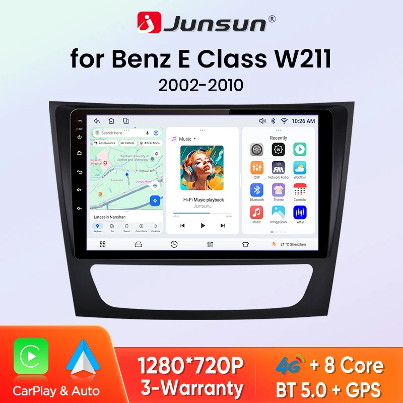 Junsun Wireless CarPlay Android Auto Autoradio für Mercedes Benz E-Klasse W211 E300 2002-2010 Multimedia GPS Navigation SWC RDS 4G Wifi Auto Intelligente Systeme