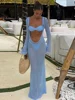 Summer Knit Hollow Out Long Dress Backless See-Through Long Flare Sleeve Holiday Beach Maxi Dresses 2025 New Lady Slim Cover Up 1