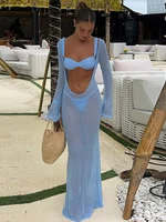 Summer Knit Hollow Out Long Dress Backless See-Through Long Flare Sleeve Holiday Beach Maxi Dresses 2025 New Lady Slim Cover Up 1