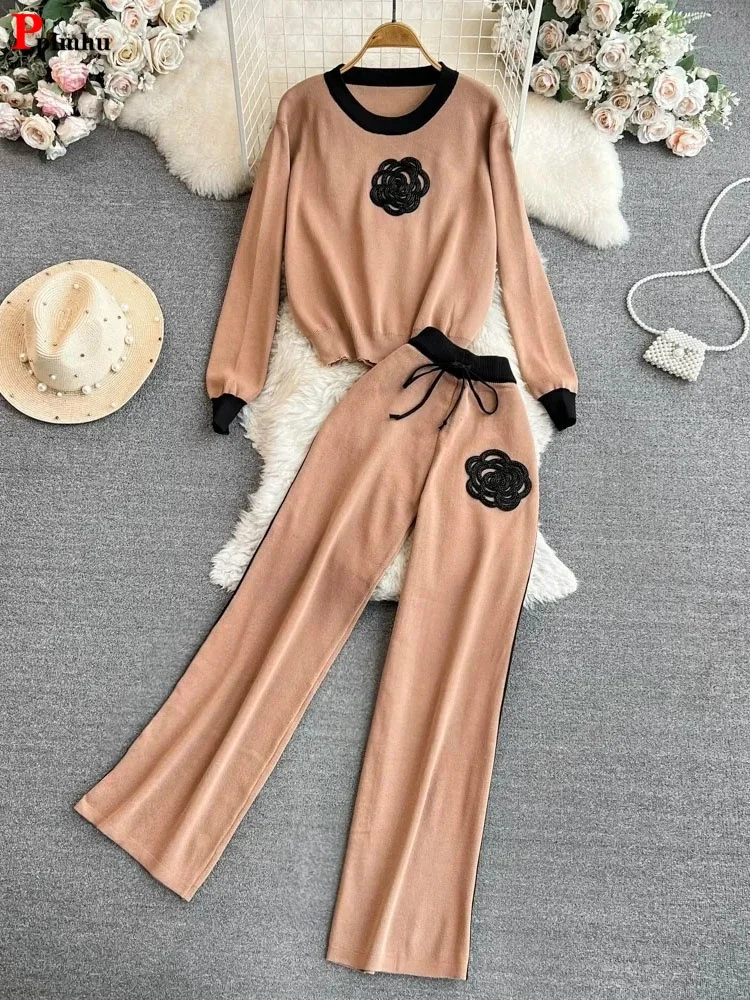 

Chic Knitwears 2 Piece Sets Woman Soft Sweater Outfit High Waist Lace-up Wide Leg Pant Suits Vintage Embroidered Flares Ensemble