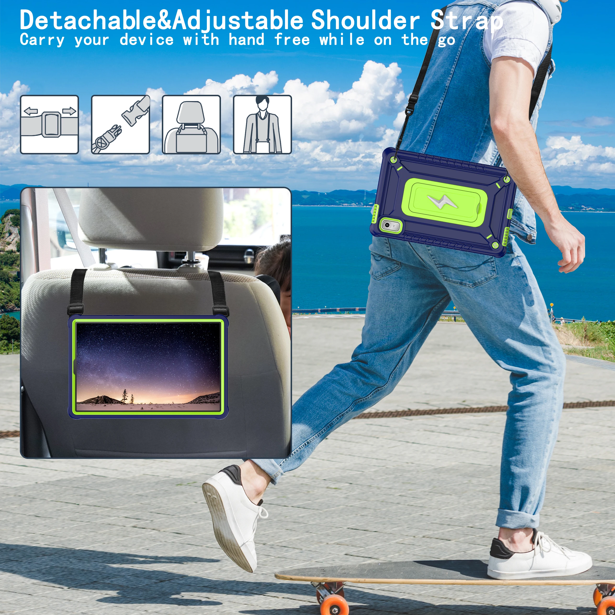 Shockproof Hybrid Tablet Case with Kickstand and Shoulder Strap