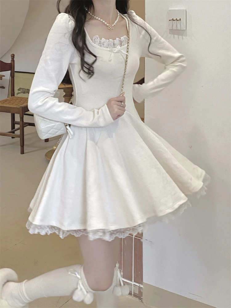 

Winter Lace Kawaii Knitted Dress Women Solid Patchwork Slim Sweater Dress Female Casual Korean Fashion Party Mini Dress 2023