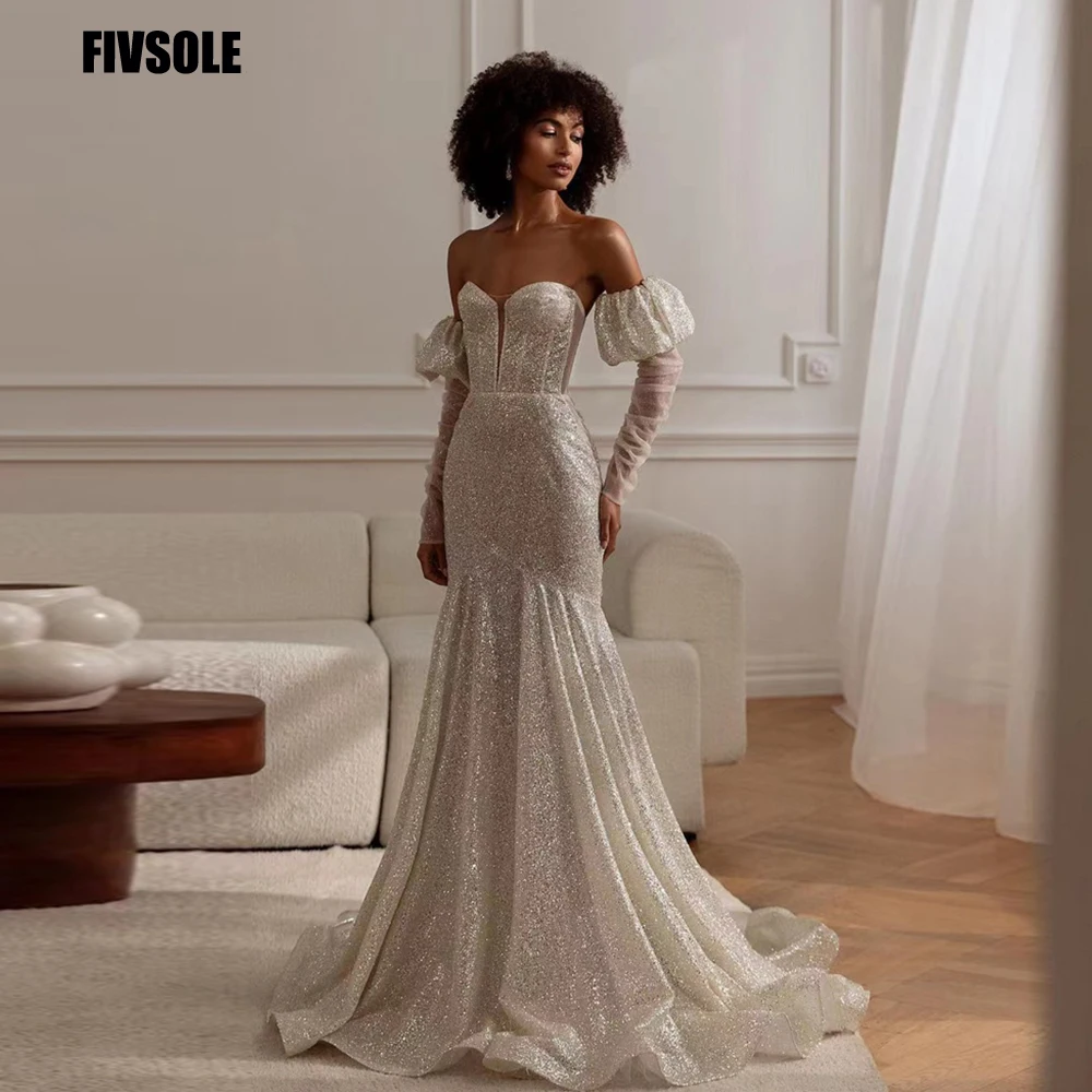 

Fivsole Sweetheart Plus Size Vestido De Noiva 2024 Wedding Dress Long Train Glitter Sequins Puff Sleeves Bridal Tulle Mariage