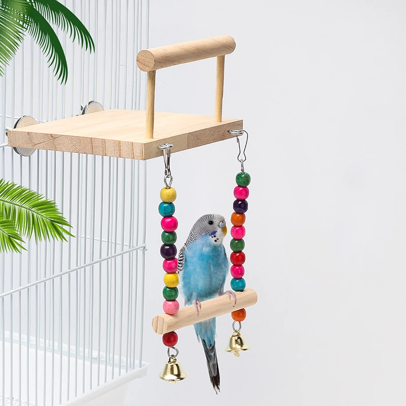 

Bird Swing Toy Wooden Parrot Perch Stand Playstand with Chewing Beads Cage Playground for Budgie Birds