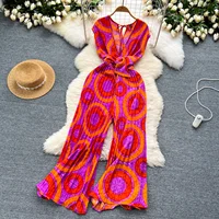 Summer Elegant Women Abstract Print Jumpsuit Chic Streetwear Wide Leg Romper Mujer V Neck Bodycon Sleeveless High Jumps - Image 2