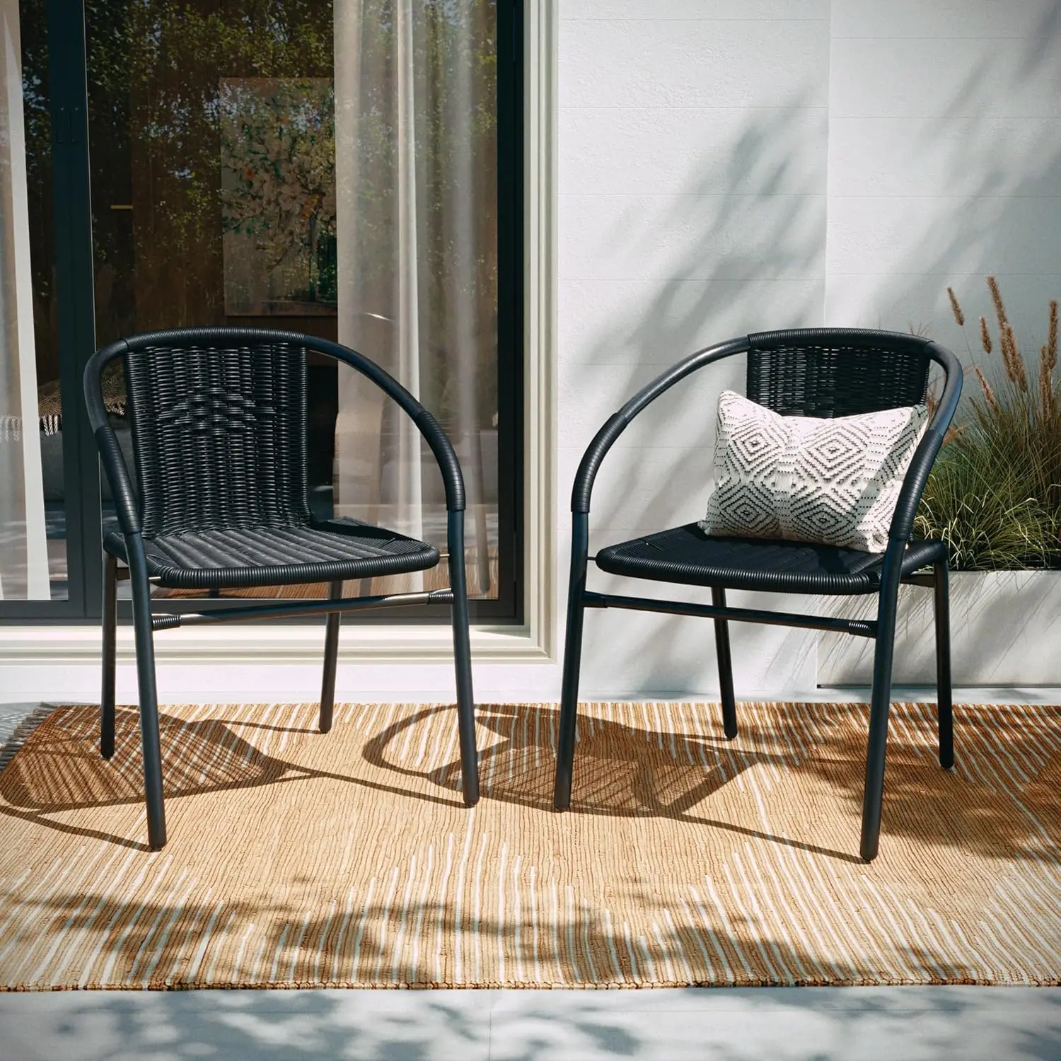 Modern Rattan Dining Chairs. Stackable. For Patio, Restaurant. Set of 2. Black.