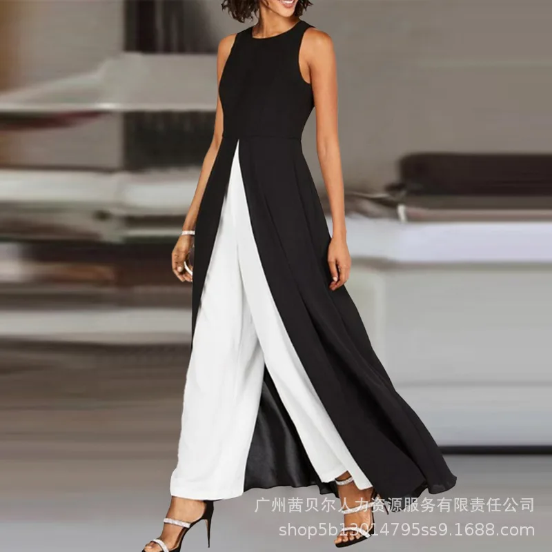 

2023 New Contrast Black Round Neck Sleeveless Jumpsuit for Women
