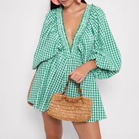 Combhasaki Womens Y2K Deep V-Neck Rompers Solid Color/Plaid Bubble Puff Sleeve Summer High Waist Short Flare Jumpsuits Playsuits - Image 5