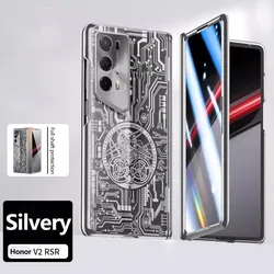 Electroplated Transparent Folding Hinge Case with Tempered Film Cover and Mechanical Pattern Design for Magic V2 RSR (Silvery)