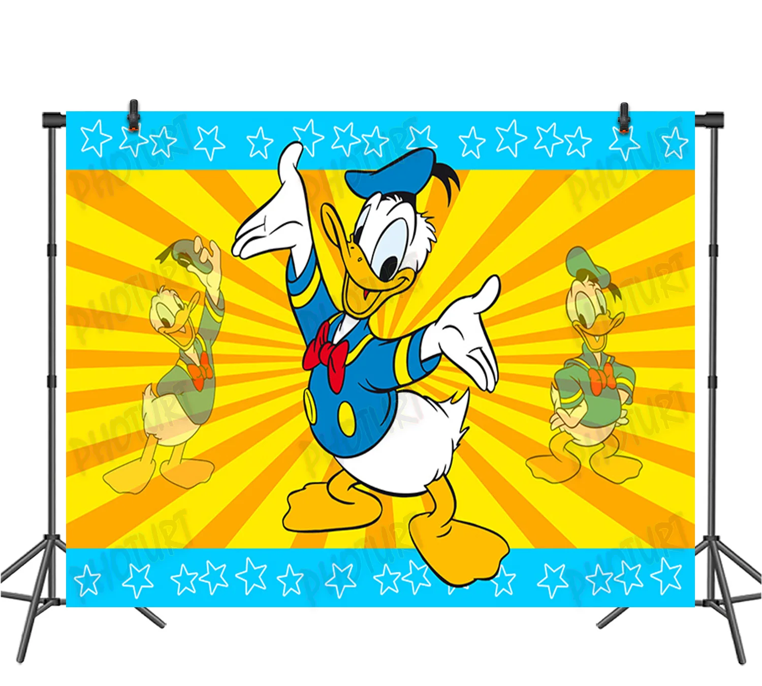 

Disney Donald Duck Backdrop Kids Birthday Decoration Background Golden Stripes Stars Vinyl Polyester Photography Decor Props