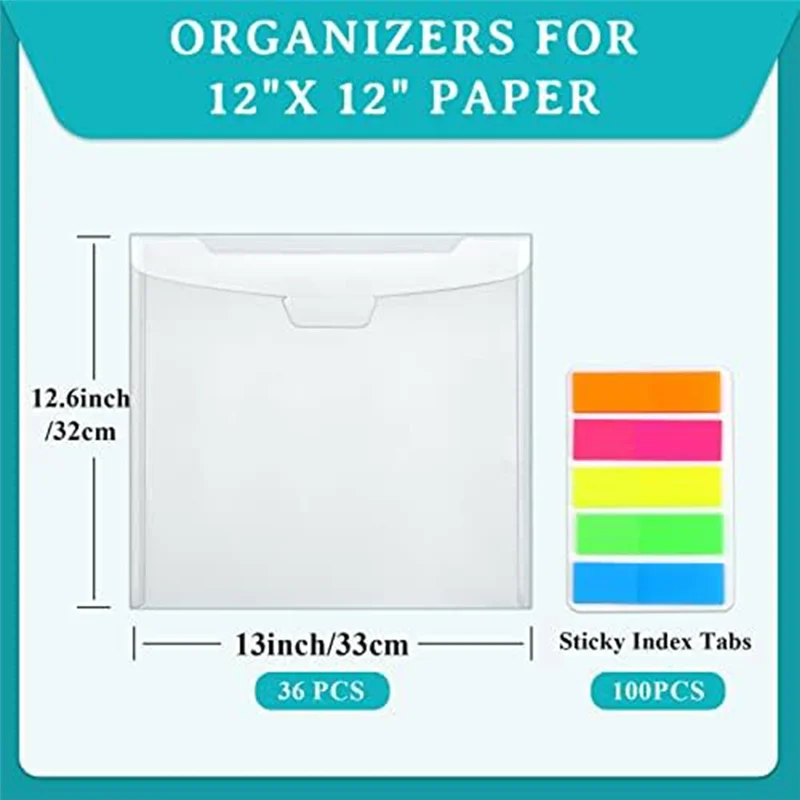 A42Z-36Pcs 버클 디자인으로 플라스틱 스크랩북 종이 보관, 12X12inch를 유지하기 위해 100개의 여러 가지 빛깔의 스티커 색인 탭 포함