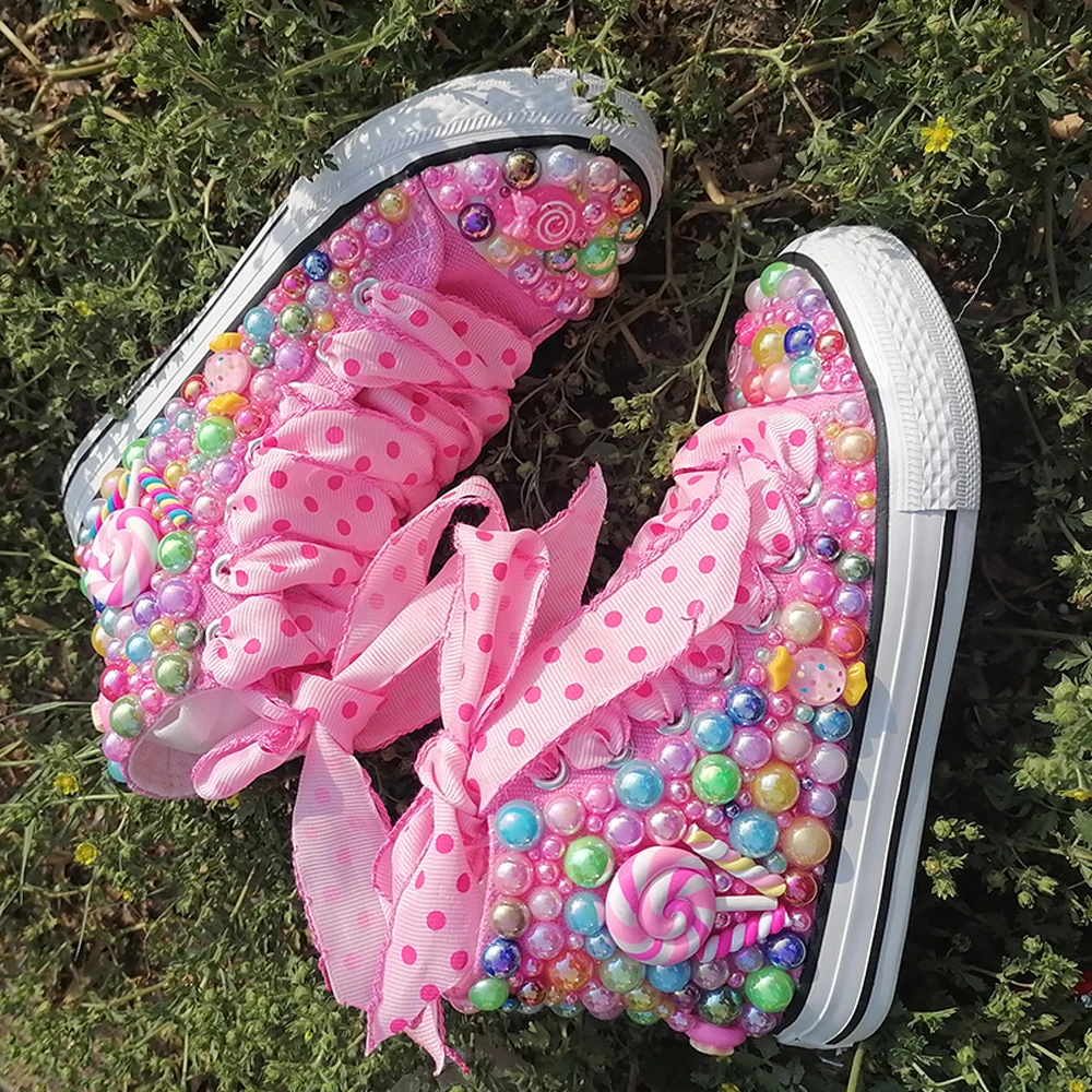 Handmade Rhinestones Bling Girls Womens Kids And Mother Candy Canvas Shoes Pearls Sneakers For Girl Birthday Party Wedding 4