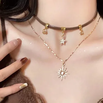 Sun Star Zircon Necklace for Women Vintage Leather Necklace Double Layered Pendant Chain Choker Fashion Jewelry 6