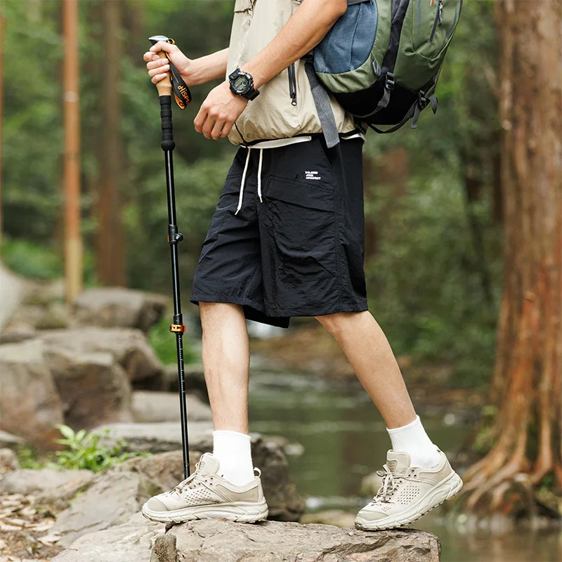 Summer Men's Clothing Bandage Solid Color Elastic High Waist Pockets Casual Loose Straight Knee Pants Preppy Style Shorts