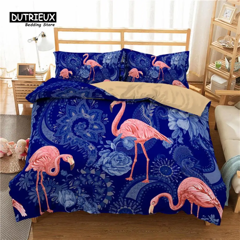 

Flamingo Duvet Cover Microfiber Quilt Cover Soft Tropical Botanical Leaves Print Bedding Set King Queen For Boy Girl Room Decor