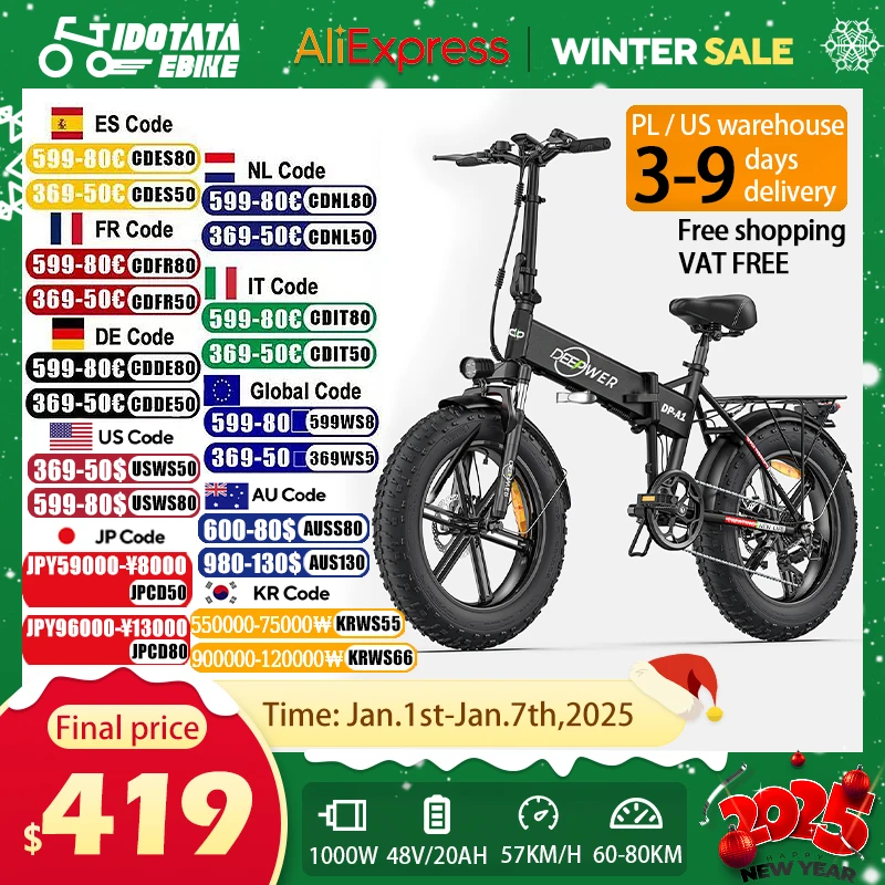Electric Bicycle Electric Bike IDOTATA EU Delivery 1000W Electric Bike 48V 20AH Folding Mountain Ebike 20Inch Fat Tire Urban Commuting Electric Bicycle 36MPH