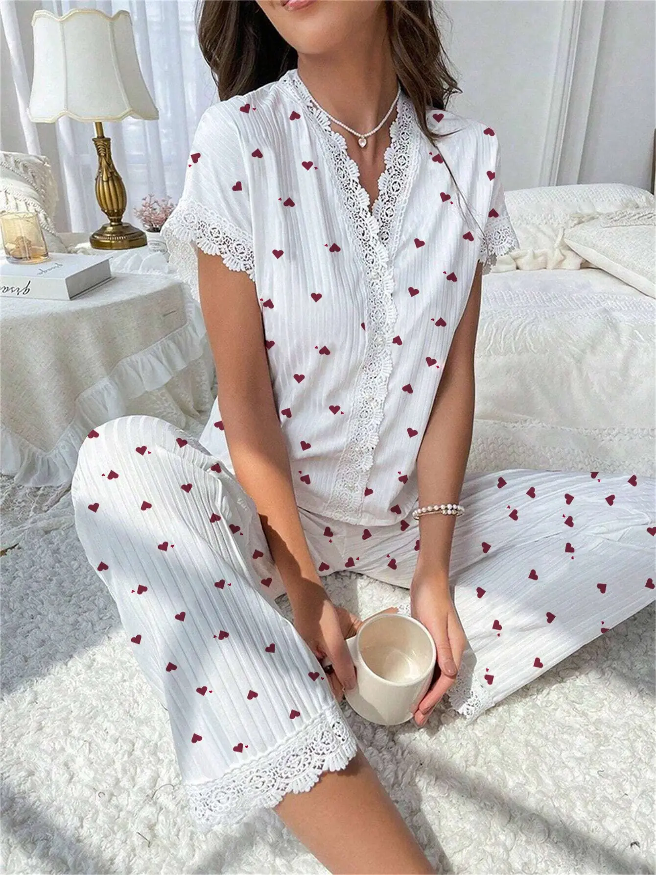 New Cute Ribbed Knit Pajama Set Womens Cherry Print V Neck Short Sleeve Top and Pants Two Piece Sleepwear Lace Trim Homewear Set