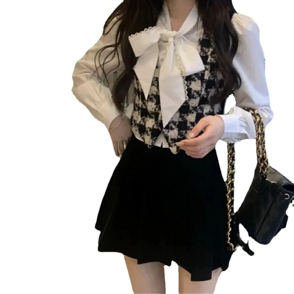 Single Set Skirt Female Spring Small Incense Wind Vest + White Shirt + Pleated Half Skirt Three Pieces