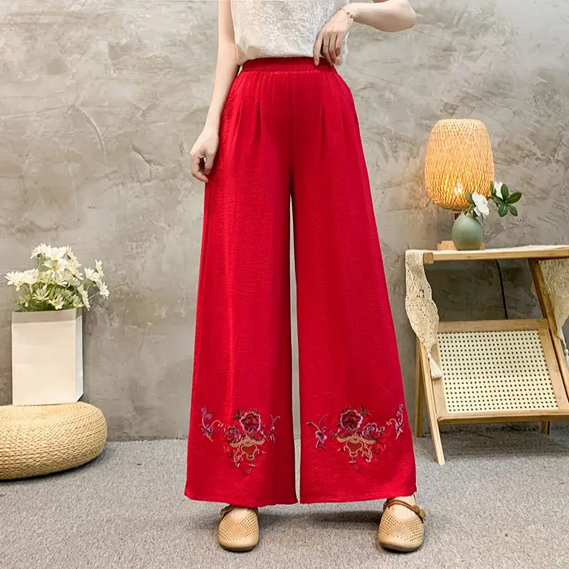 2024 Summer New Chinese Style Retro Folk Elasticized High-waisted Embroidered Ruched Loose Women's Wide Leg Cotton Linen Pants