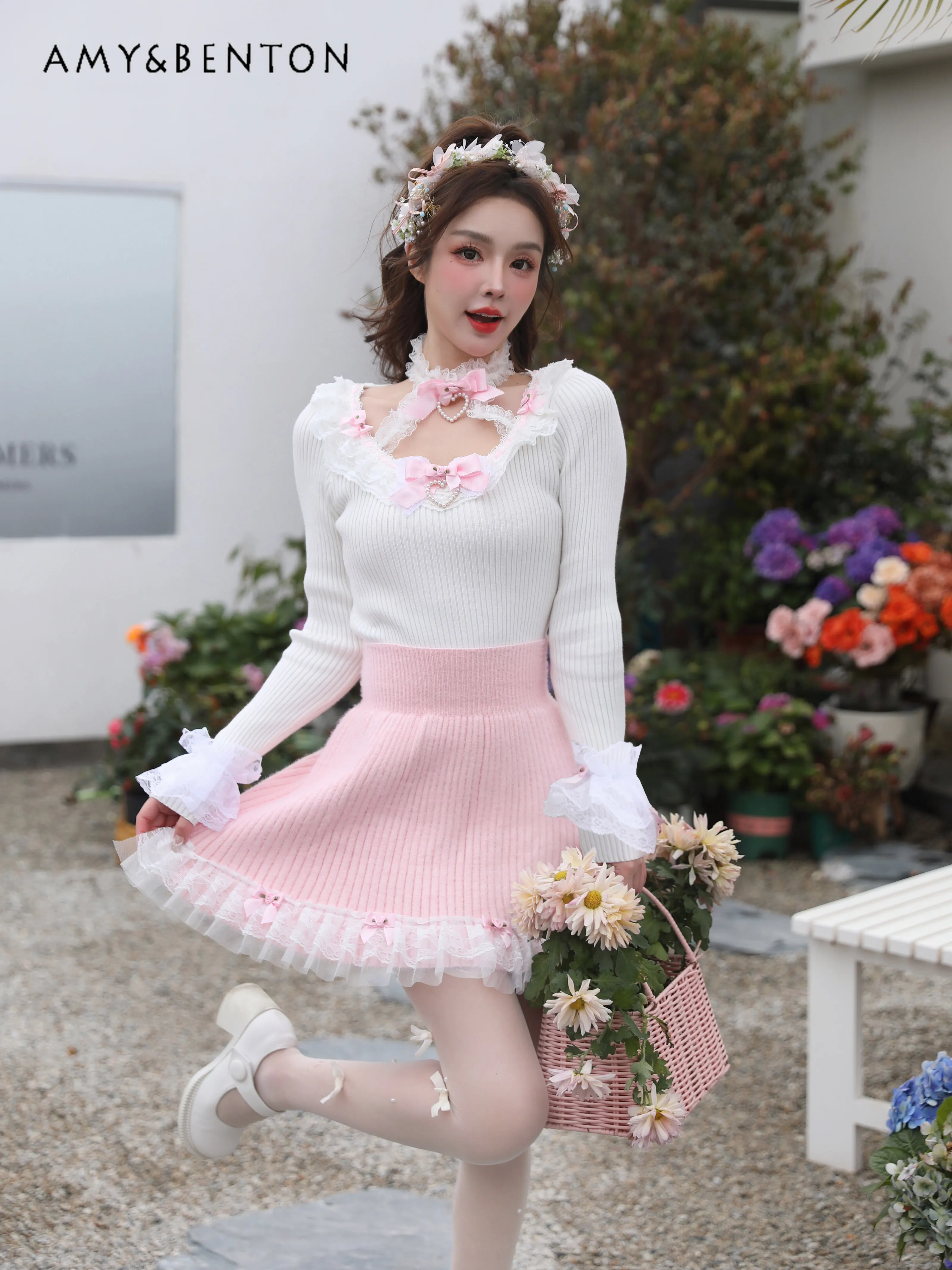 

Sweet Girl Three-Dimensional Rose Flower Bow Tie Tiered Skirt Women Kawaii Lace Stringy Selvedge All-Match Plush Knitted Skirt