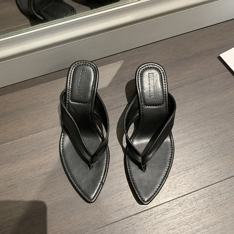 ZOOKERLIN Pointed PU Leather Flip Flops Wedges Women Slippers Solid Color Simple Summer Beach Slides Muller Shoes Clip Toe Pumps