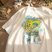 Co-brand SpongeBob Cartoon bawełniany T-shirt z krótkim rękawem estetyczny luźny Trend letni Top wzór ubrania hip-hopowe mężczyźni kobiety chłopcy