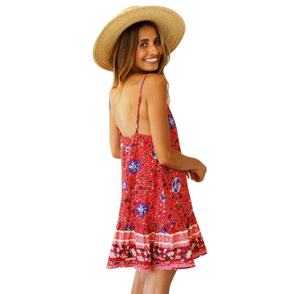 Summer Ruffle Floral Print Beach Dress Women Clothes 2019 Sexy Backless Spaghetti Strap Short Dresses Elegant Beach Cover Ups