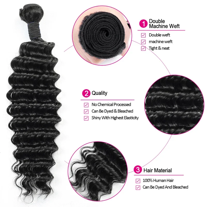 Deep Wave 100% Human Hair Extensions 250 Density 42 Inch - 1/3/4 Pcs Multi-Pack Natural Color Silky Soft Thick Voluminous Weave