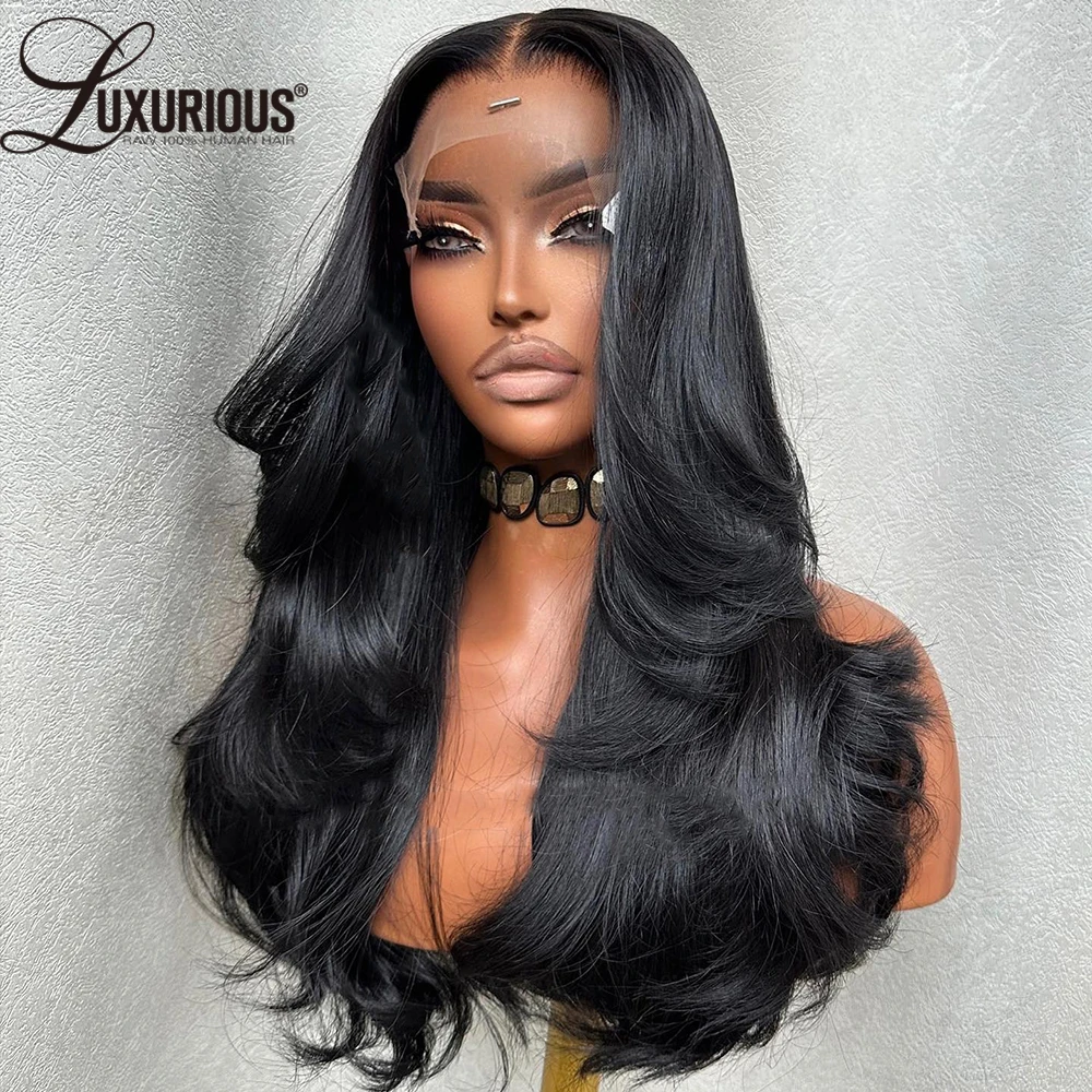 Glueless Pre-Cut Lace Closure Wig Human Hair Blow-out Classic Layered Human Hair Wig 360 Full Lace Natural Black Color