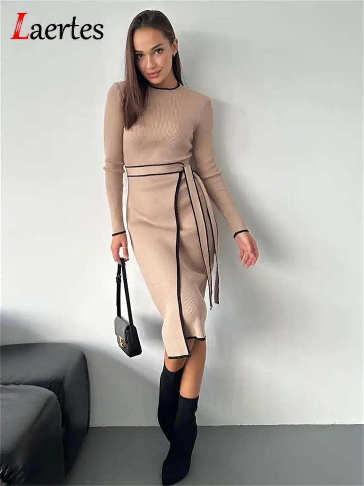 

Laertes Elegant Bandage Contrast Midi Dress for Women Slim Autumn Winter Ribbed Fashion Party Knit Lace-Up Ladies Dresses O Neck