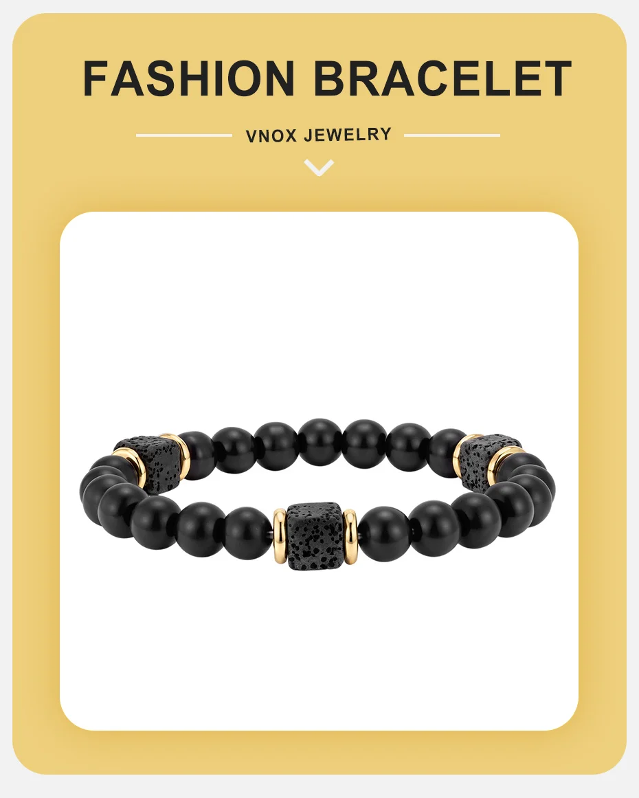 Vnox Armband aus natürlichem Lavastein, schwarzer Achat, quadratische Perlen, elastisch, Stretch, Energie-Schmuck, modische Geschenke für Männer und Frauen – Detail 1