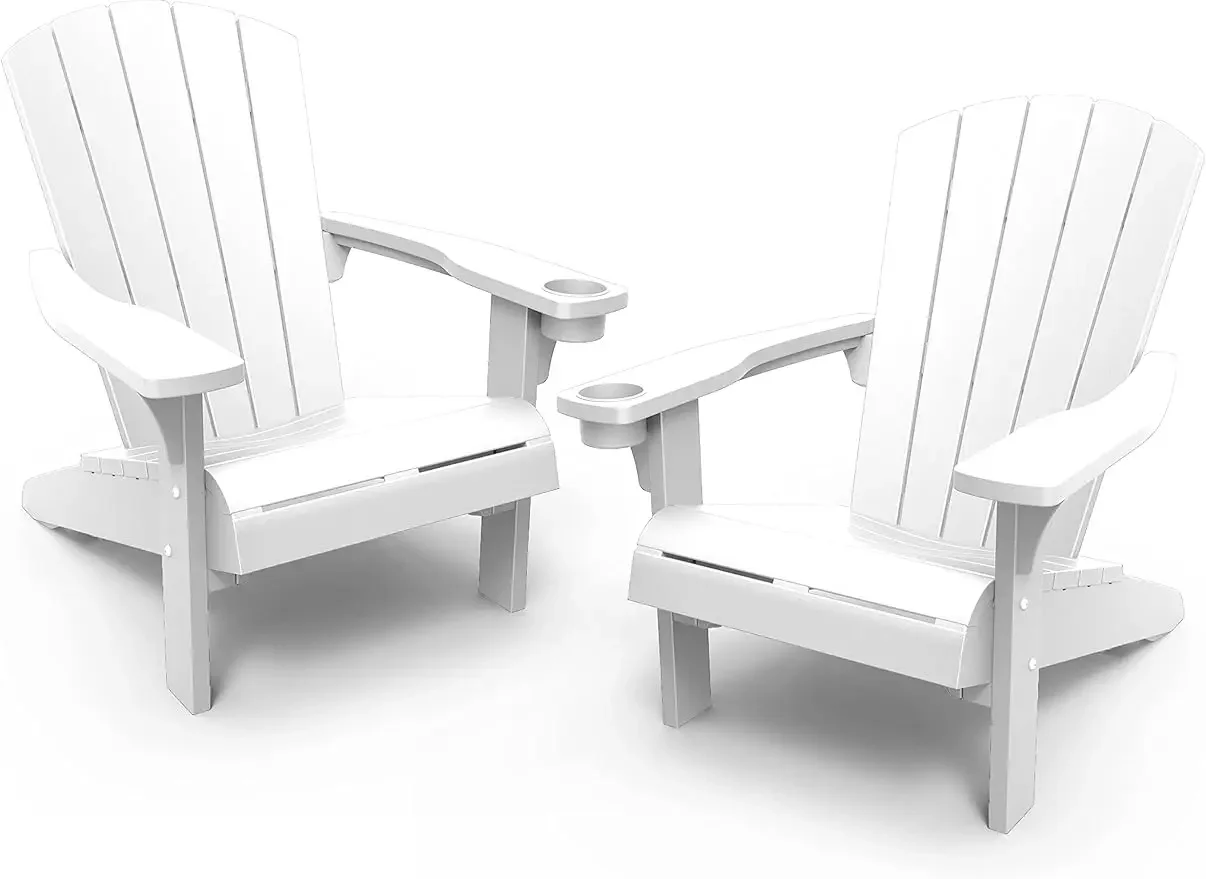 

2 Pack Resin Outdoor Furniture Patio Chairs with Cup Holder-Perfect for Beach, Pool, and Fire Pit Seating, White