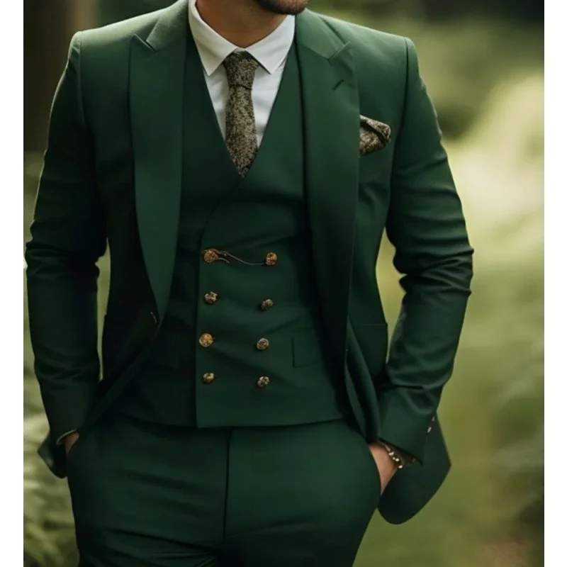 

Mens Forest Green Three Piece Suit Wedding Suits for Man Tuxedos Groom Peaked Lapel Vest Coat Pants Terno Blazer Masculino