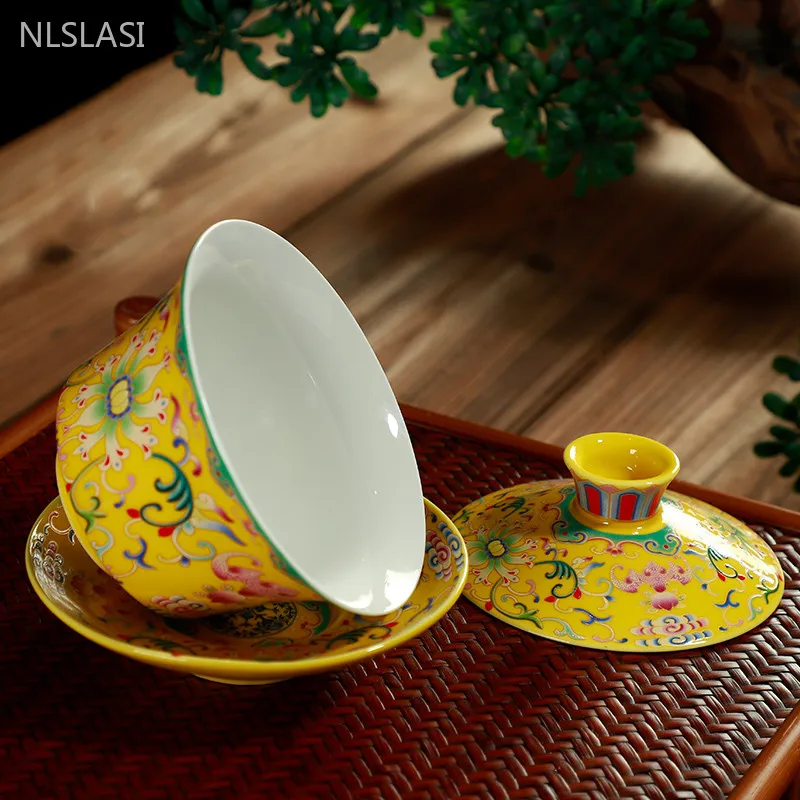 WSHYUFEI Jingdezhen Porcelain Gaiwan Exquisite Enamel Color Tea Bowl with Saucer Lid Kit Handmade ceramics Teaware 280ml
